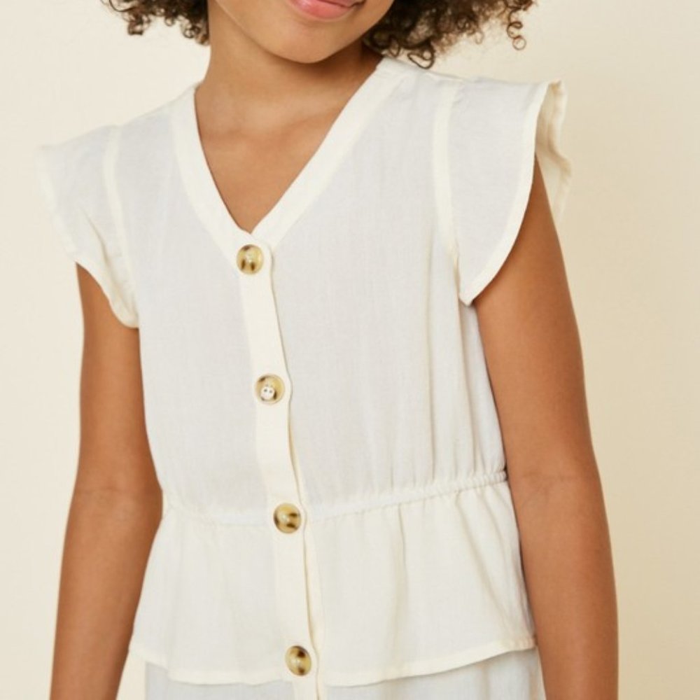 Button-Down Tiered Ruffle Hem Peplum Top in White